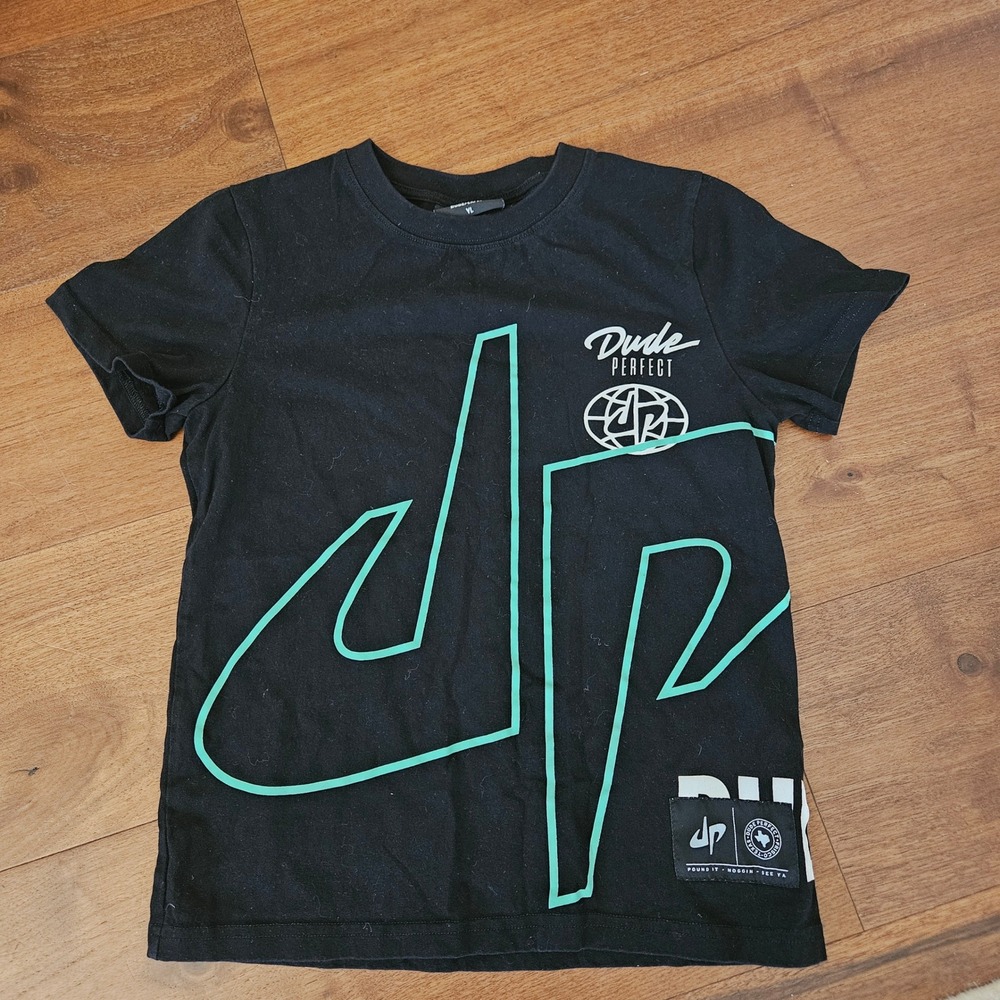 Dude Perfect Youth L Black Graphic T-Shirt Teal DP Logo Short Sleeve Tee